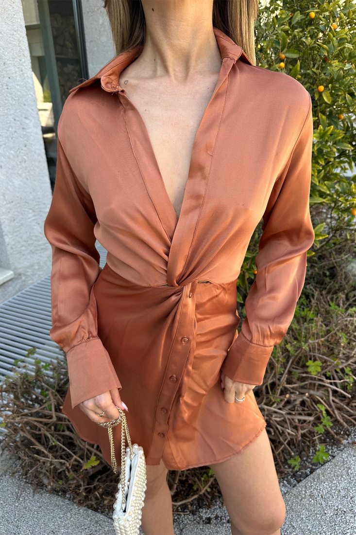 Kahverengi Gömlek Yaka Mini Elbise ATE4853 - EYYO