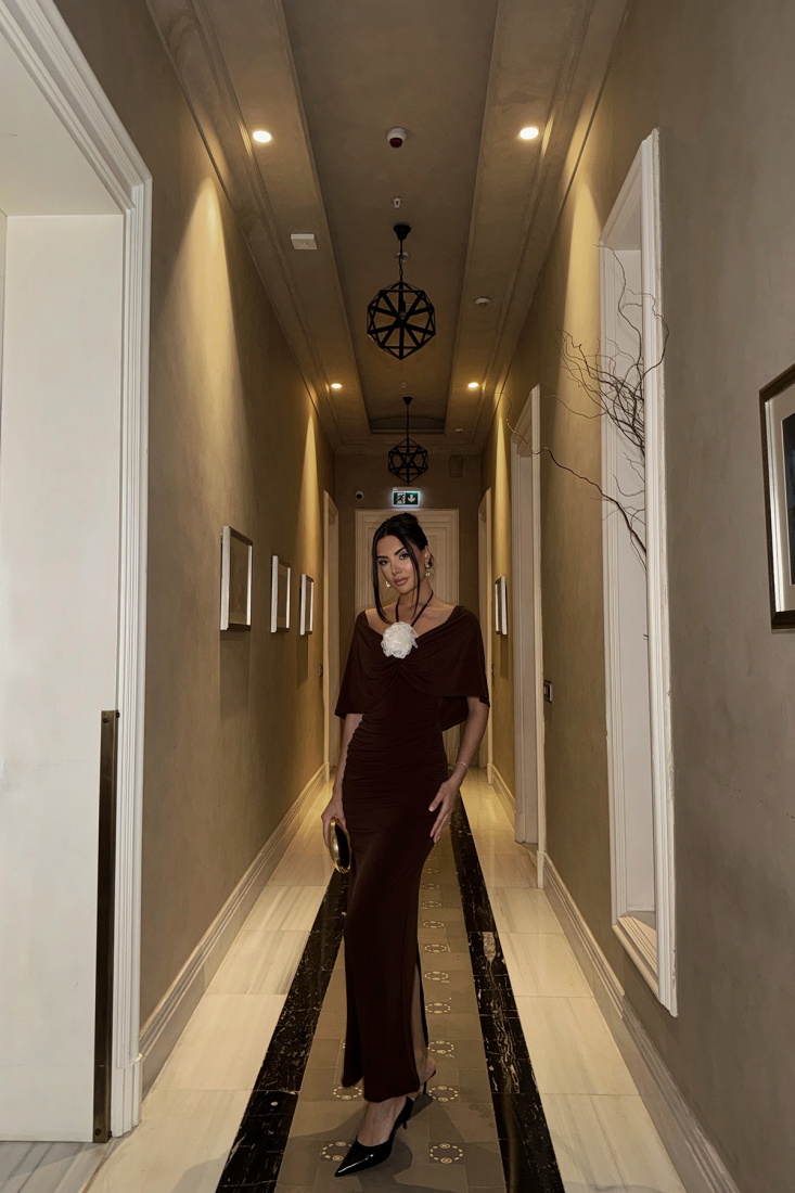 Kahverengi Lai Düşük Omuz Elbise ATE-1739 - EYYO