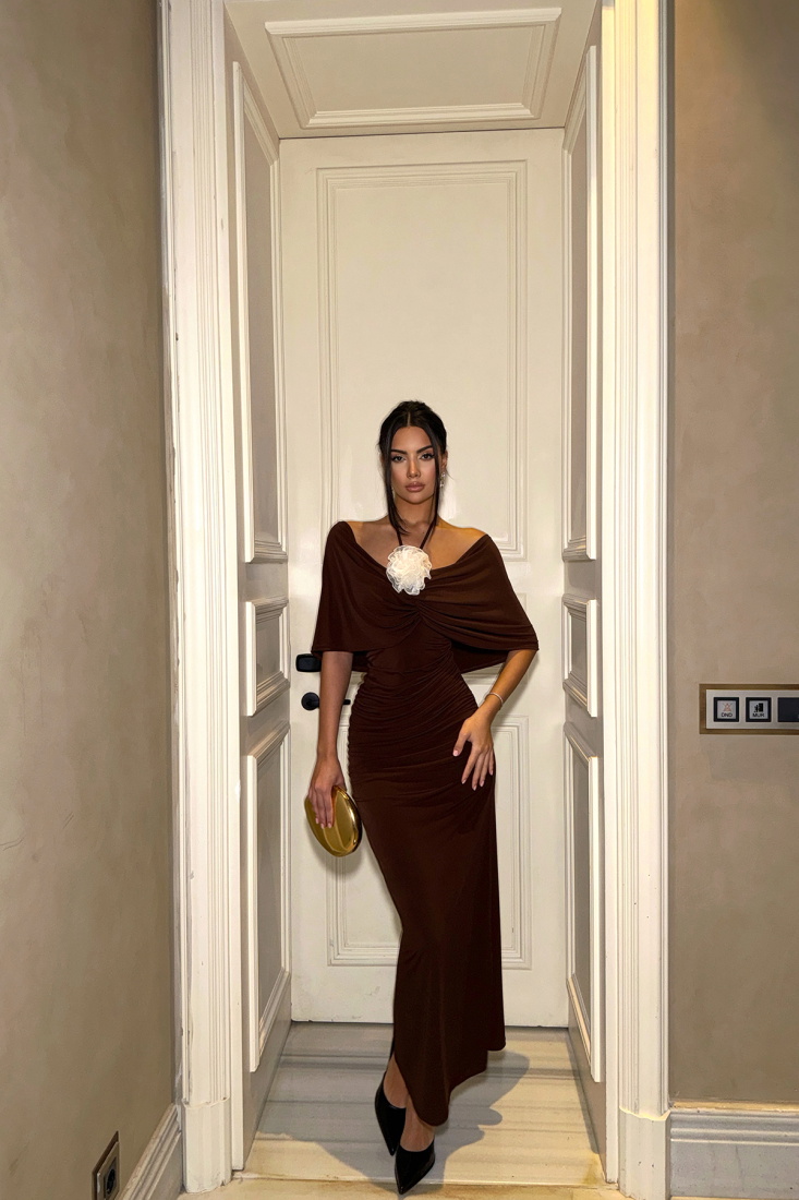 Kahverengi Lai Düşük Omuz Elbise ATE-1739 - EYYO