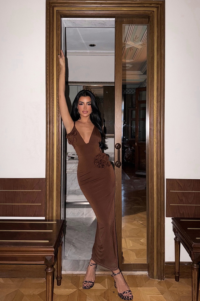 Kahverengi Blouse Gül Detaylı Elbise ATE-3433 - 2