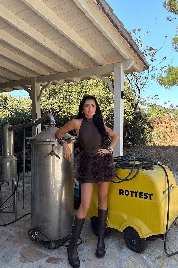 Kahverengi Freyya Etek Ucu Gül Detaylı Mini Elbise ATE-3625 - EYYO