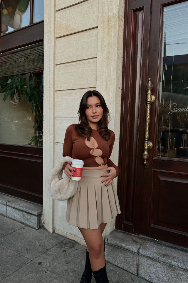 Kahverengi Halka Detay Crop Top ATE2227 -