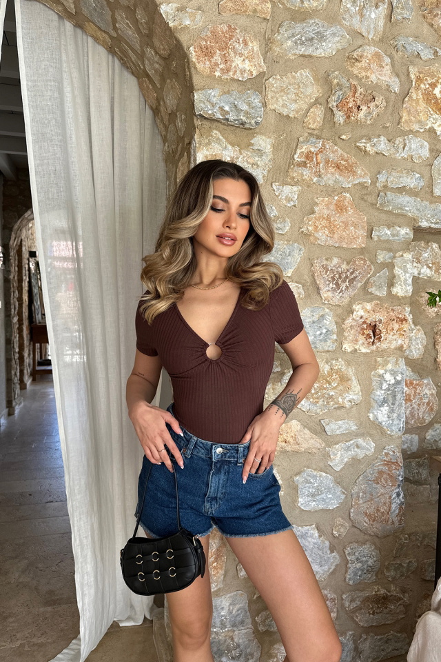 Kahverengi Halka Detay Fitilli Bodysuit ATE6380 - 4