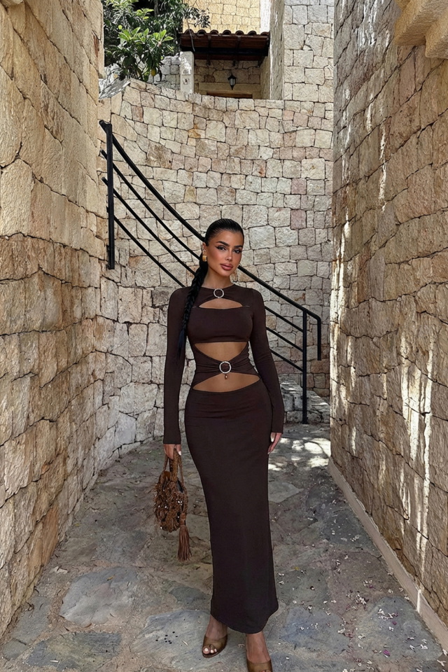 Kahverengi Marcelo Uzun Elbise ATE-2480 