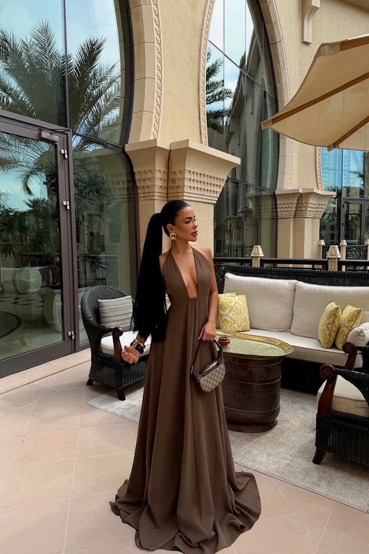 Kahverengi Mariam uzun keten elbise ATE-4783 - EYYO