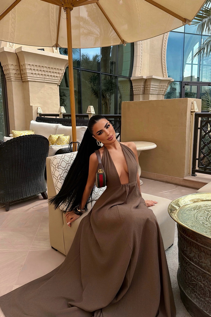 Kahverengi Mariam uzun keten elbise ATE-4783 - EYYO