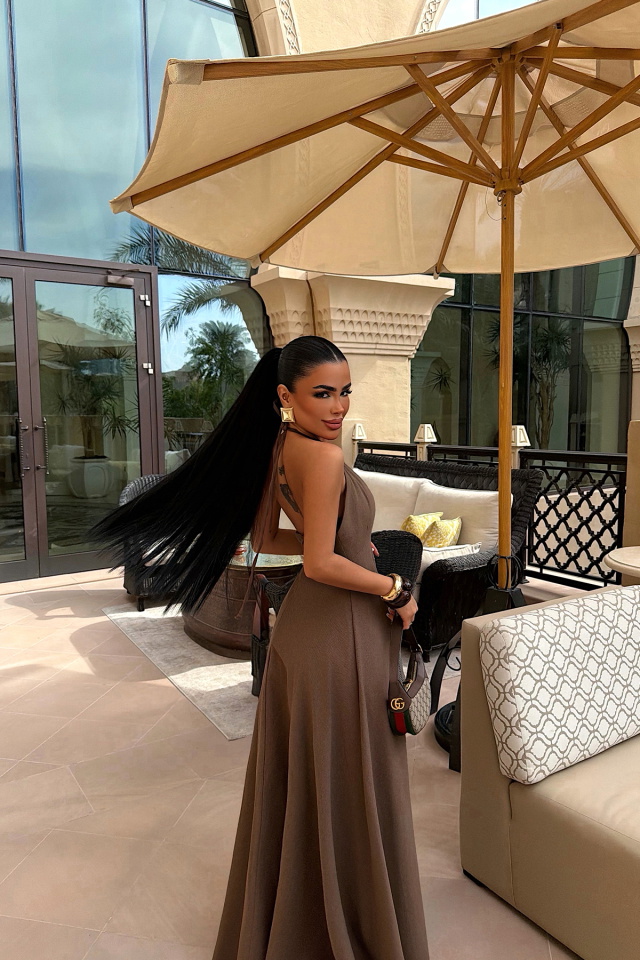 Kahverengi Mariam uzun keten elbise ATE-4783 - 4