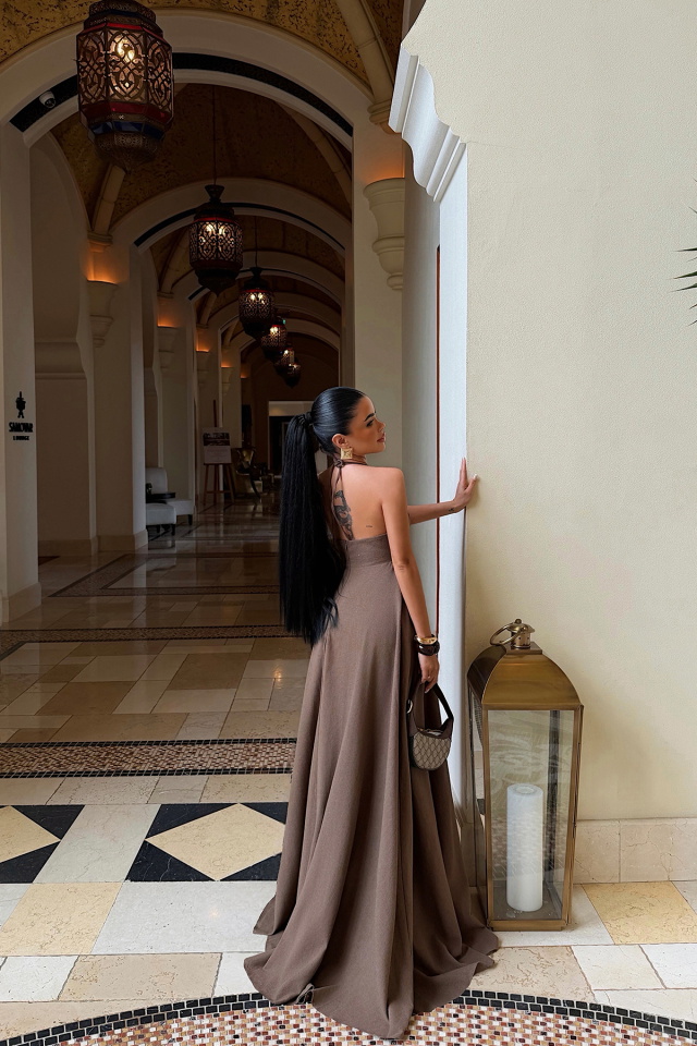 Kahverengi Mariam uzun keten elbise ATE-4783 - 5