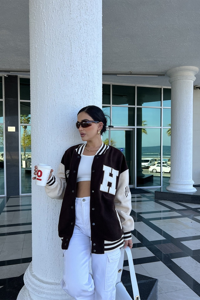 Kahverengi Harf Detay Kolej Ceket ATE2524 - 4