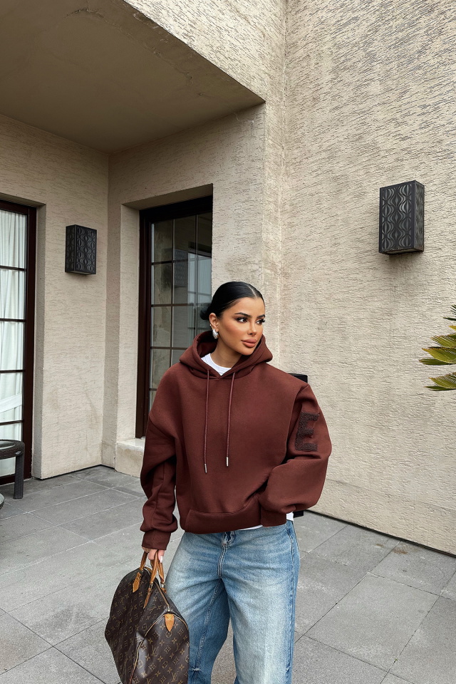 Kahverengi Kapşonlu E Nakışlı Sweat ATE-0755 