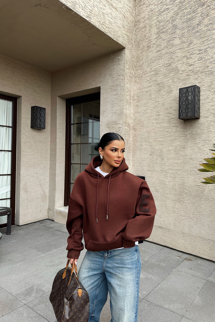 Kahverengi Kapşonlu E Nakışlı Sweat ATE-0755 - EYYO