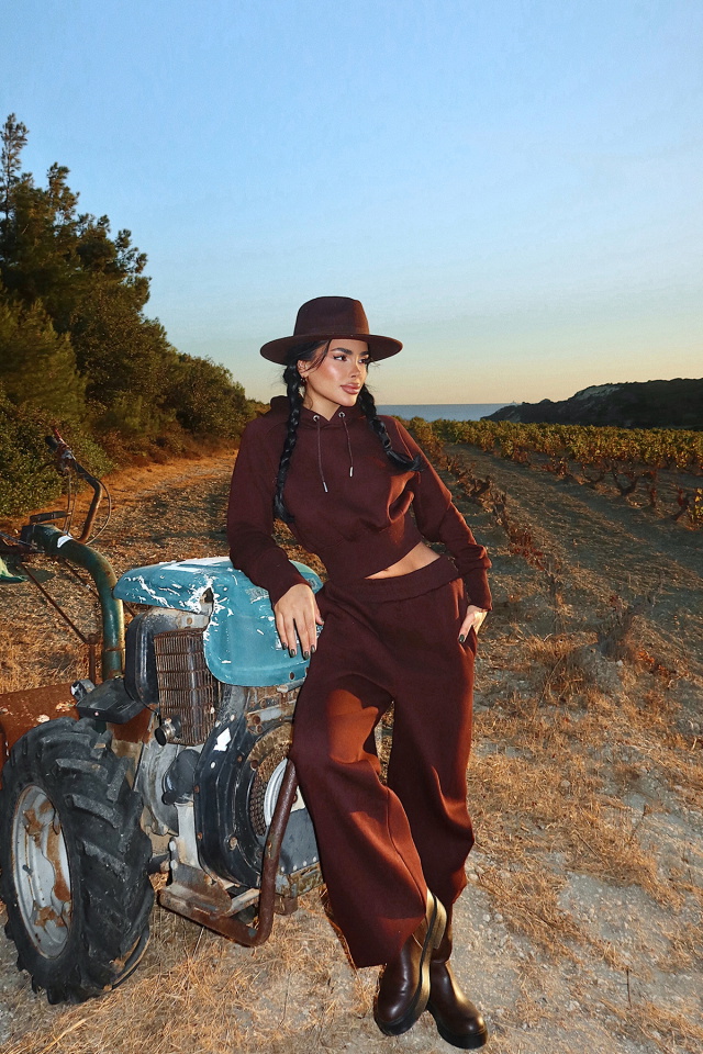 Kahverengi Scarf Kapşonlu Eşofman Takım ATE-3693 - 2