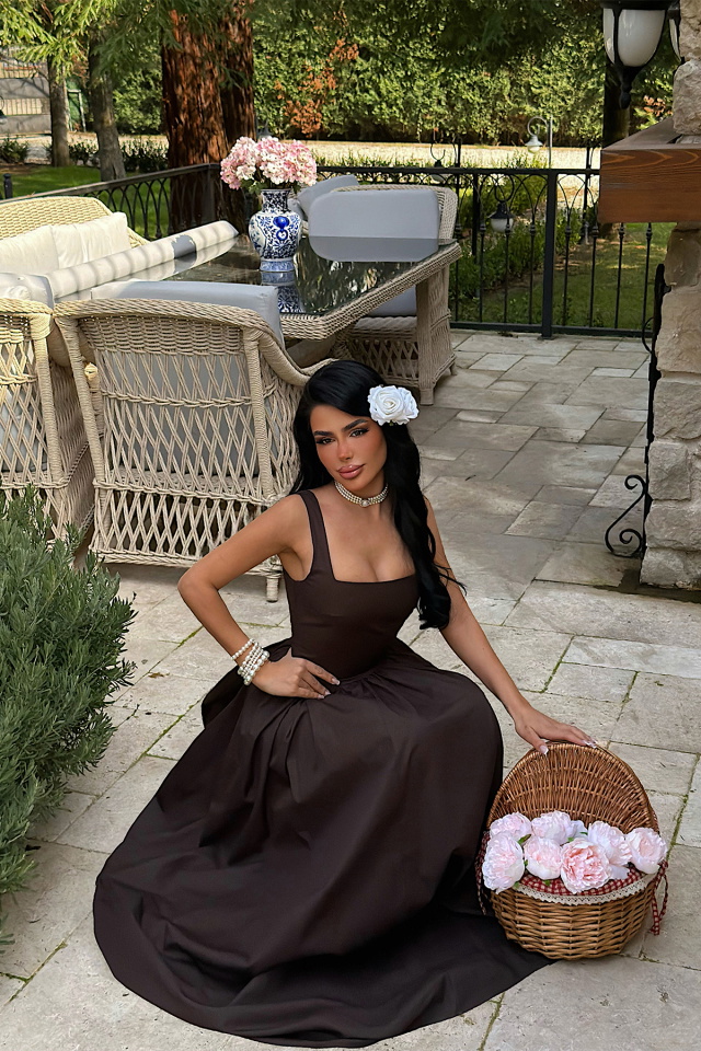 Kahverengi Kare Yaka Askılı Uzun Elbise ATE-4192 - 3