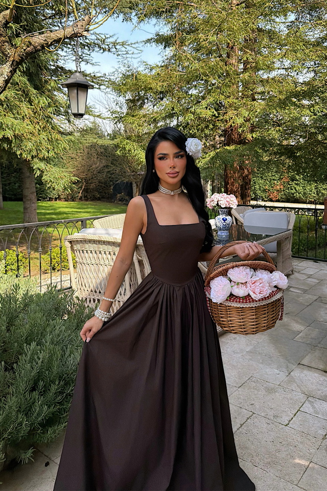 Kahverengi Kare Yaka Askılı Uzun Elbise ATE-4192 - 2