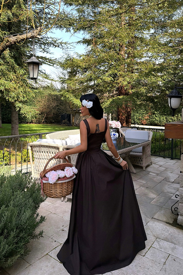 Kahverengi Kare Yaka Askılı Uzun Elbise ATE-4192 - 5