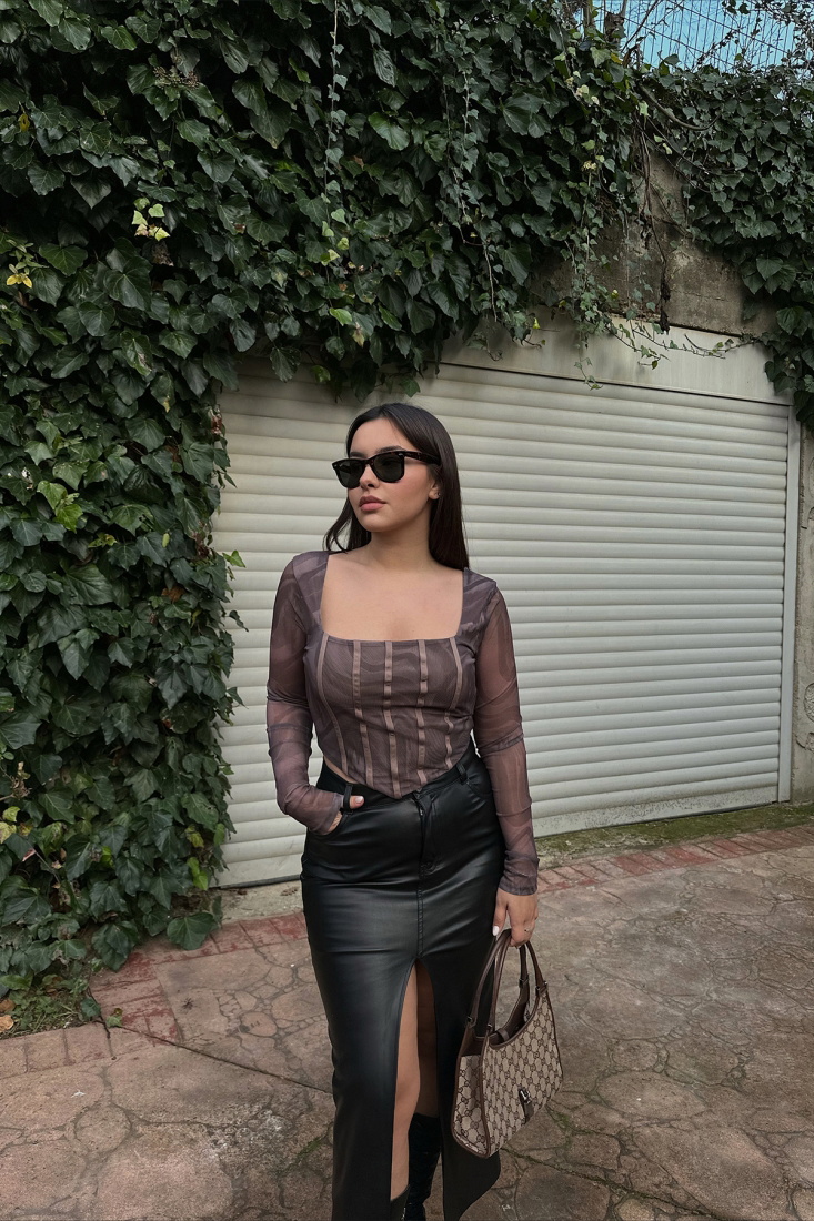 Kahverengi Kare Yaka Crop Top ATE3464 - EYYO