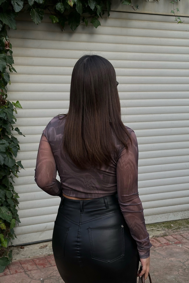 Kahverengi Kare Yaka Crop Top ATE3464 - EYYO