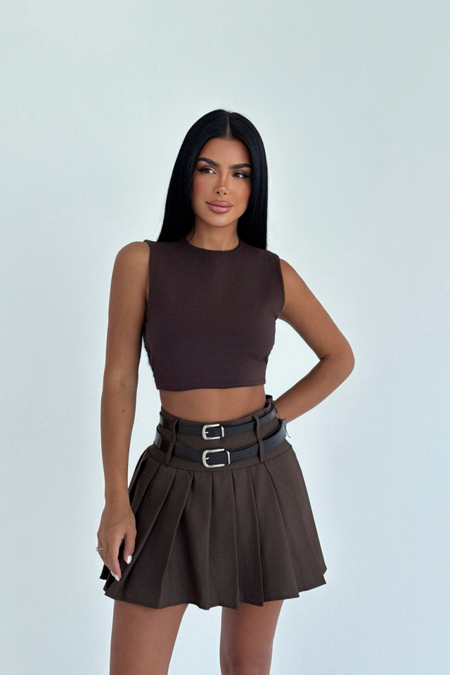 Kahverengi Sinatra Çift Kemerli Mini Etek ATE-3330 - 1