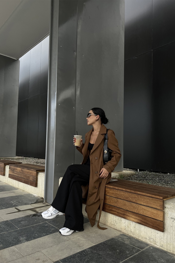 Kahverengi Kolları Kemerli Trenckot ATE2053 - EYYO TOPTAN