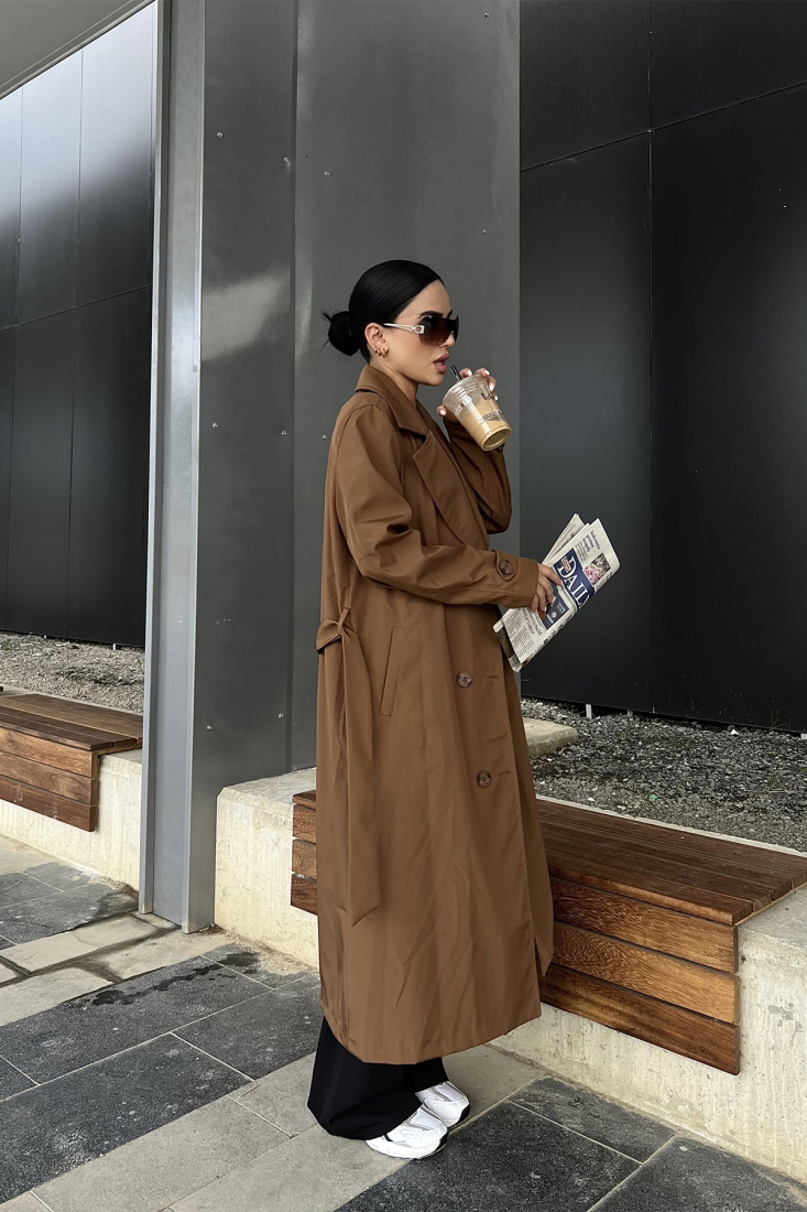 Kahverengi Kolları Kemerli Trenckot ATE2053 - EYYO TOPTAN