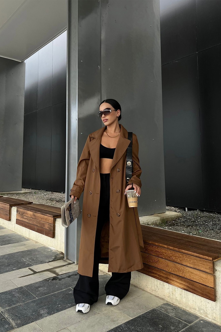 Kahverengi Kolları Kemerli Trenckot ATE2053 - EYYO TOPTAN