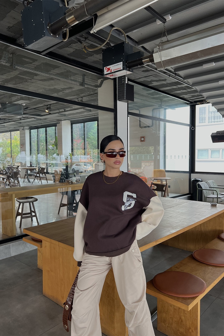 Kahverengi Kolu Baskılı Oversize Sweat ATE2519 - EYYO