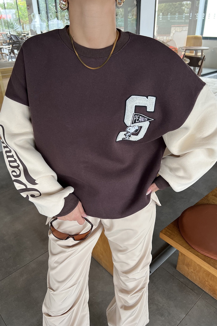 Kahverengi Kolu Baskılı Oversize Sweat ATE2519 - EYYO