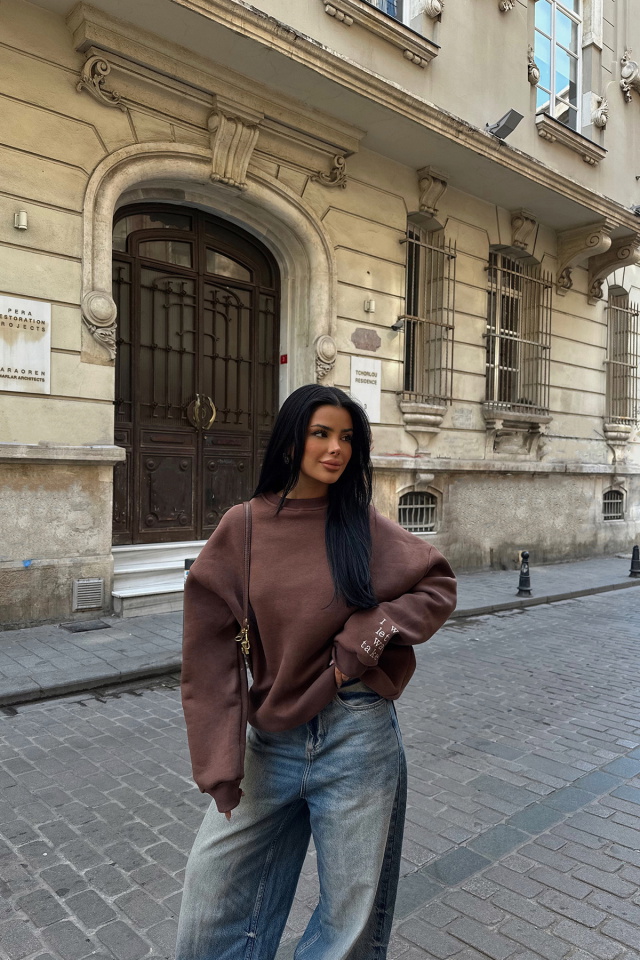 Kahverengi Nakış Detay Oversize Sweat ATE-0531 - 3