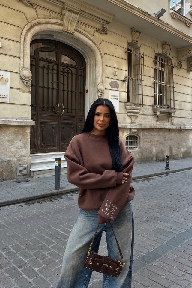 Kahverengi Nakış Detay Oversize Sweat ATE-0531 - 1