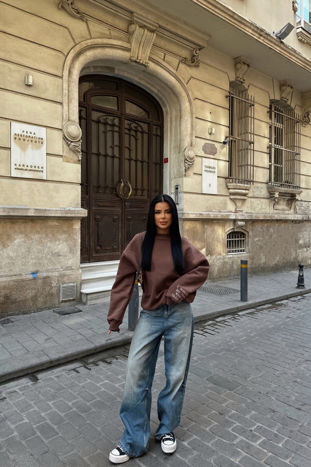 Kahverengi Nakış Detay Oversize Sweat ATE-0531 - 4