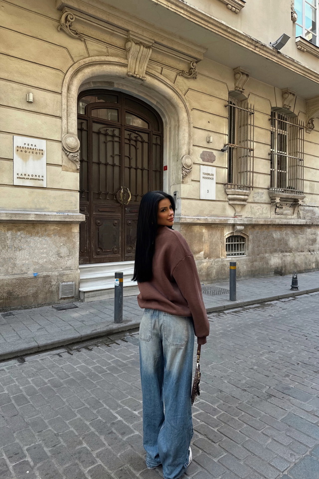Kahverengi Nakış Detay Oversize Sweat ATE-0531 - 5