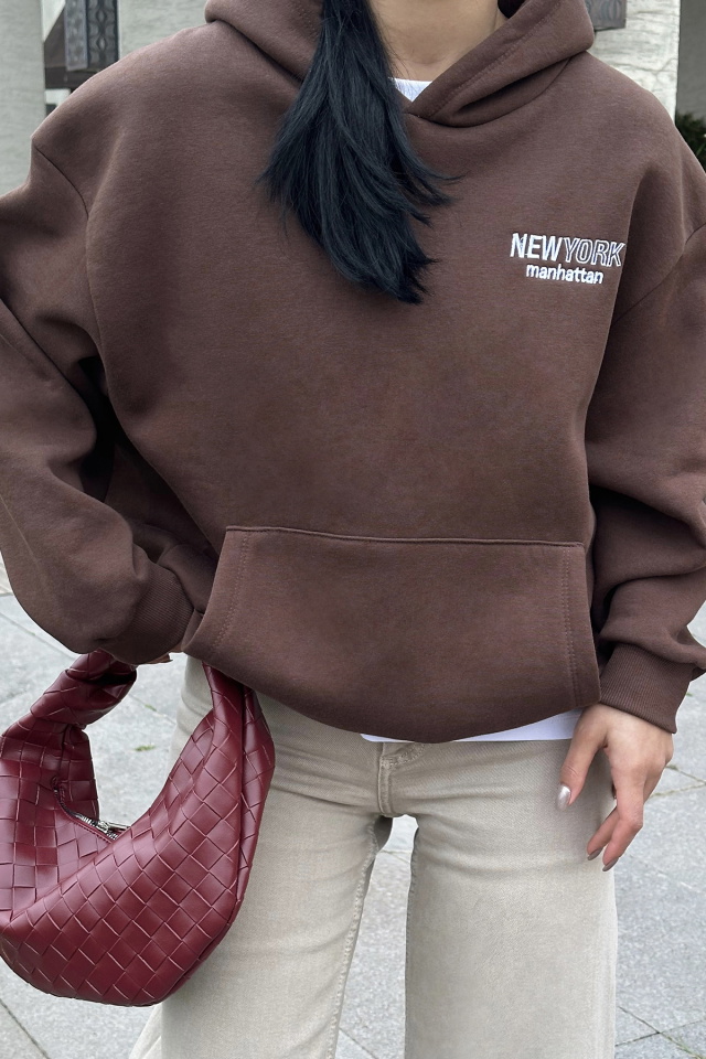 Kahverengi New York Yazılı Kapşonlu Sweat ATE-0445 - 2