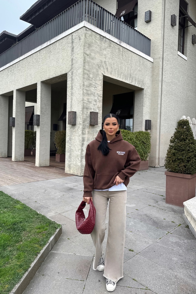 Kahverengi New York Yazılı Kapşonlu Sweat ATE-0445 - 4