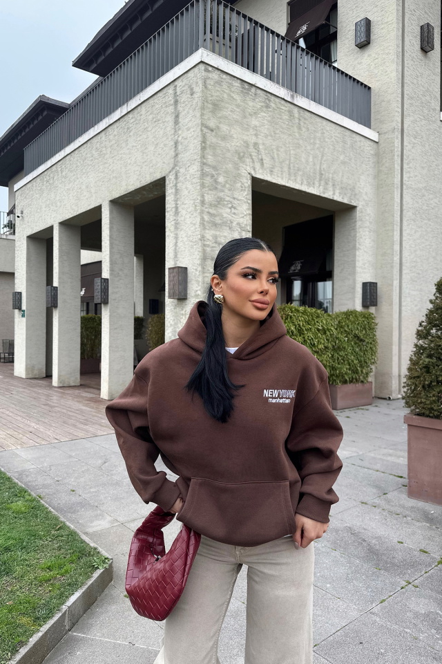 Kahverengi New York Yazılı Kapşonlu Sweat ATE-0445 - 5