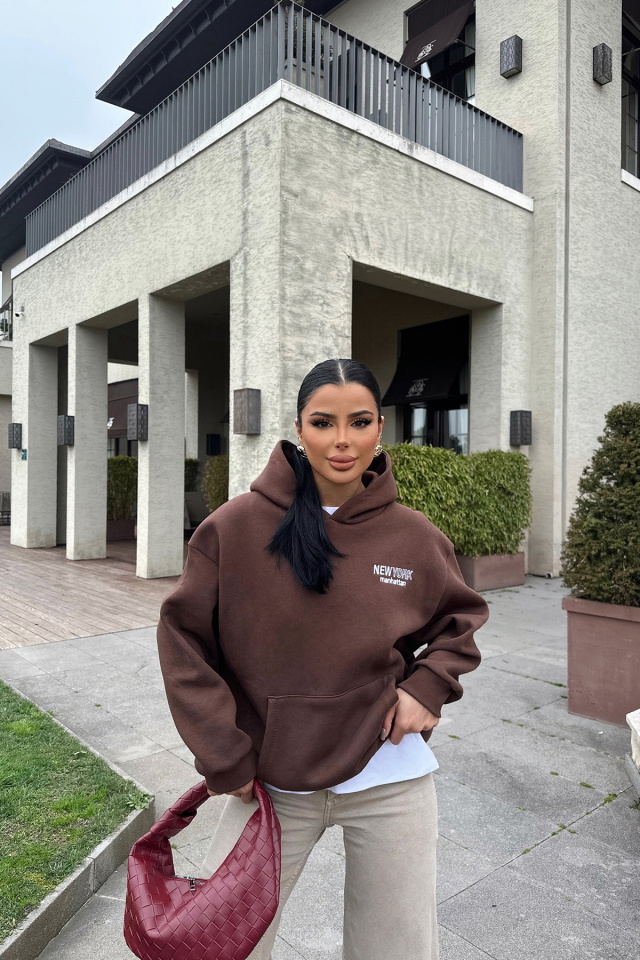 Kahverengi New York Yazılı Kapşonlu Sweat ATE-0445 