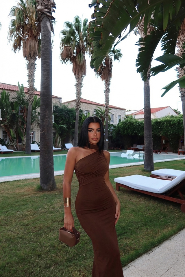 Kahverengi Marcia Uzun Elbise ATE-2416 