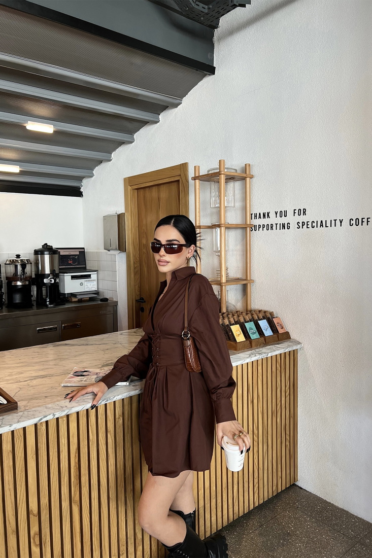 Kahverengi Önden Bağlamalı Mini Elbise ATE4008 - EYYO