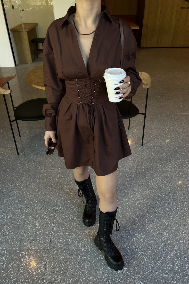 Kahverengi Önden Bağlamalı Mini Elbise ATE4008 - EYYO