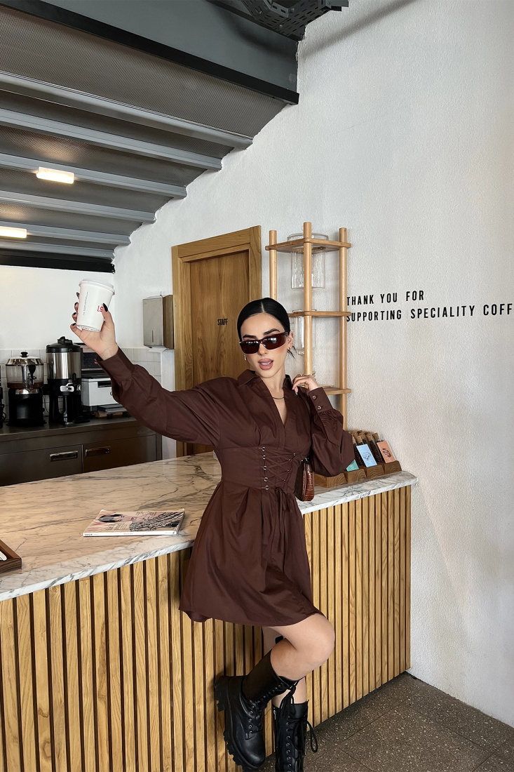 Kahverengi Önden Bağlamalı Mini Elbise ATE4008 - EYYO