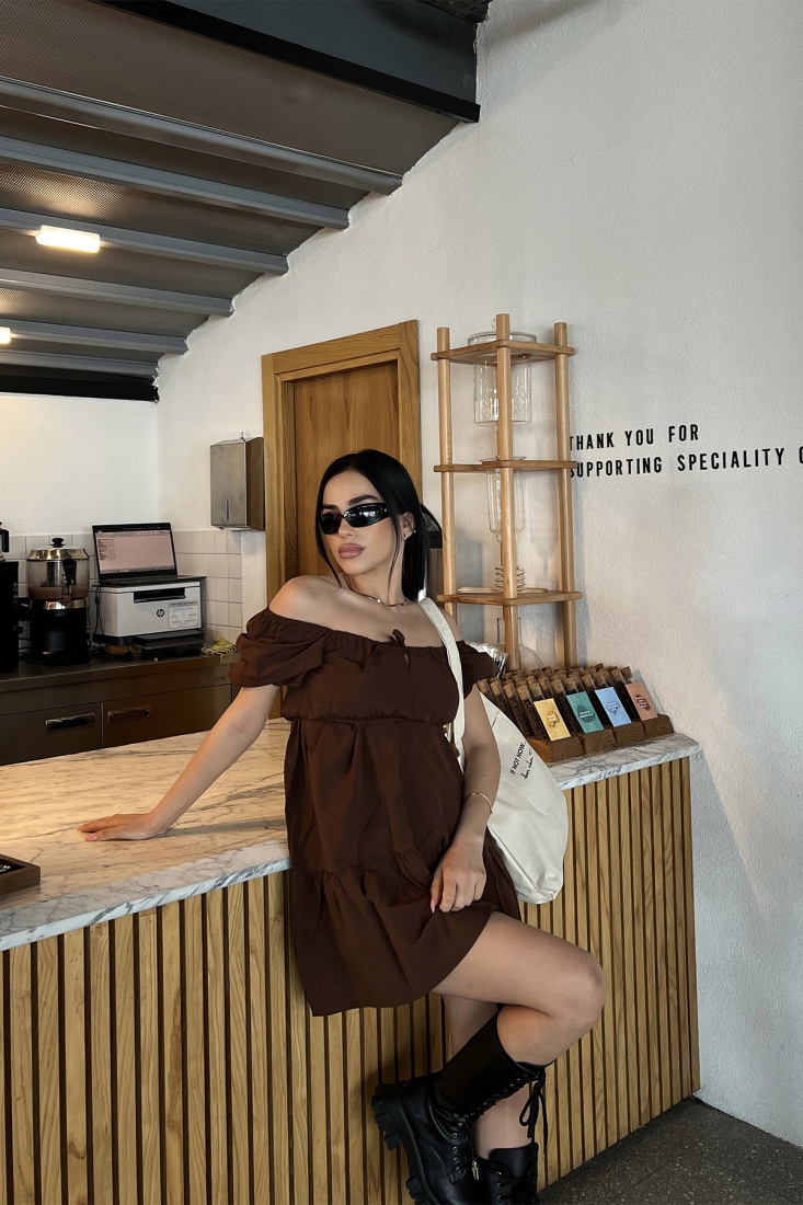 Kahverengi Önden Bağlamalı Mini Elbise ATE4820 - EYYO