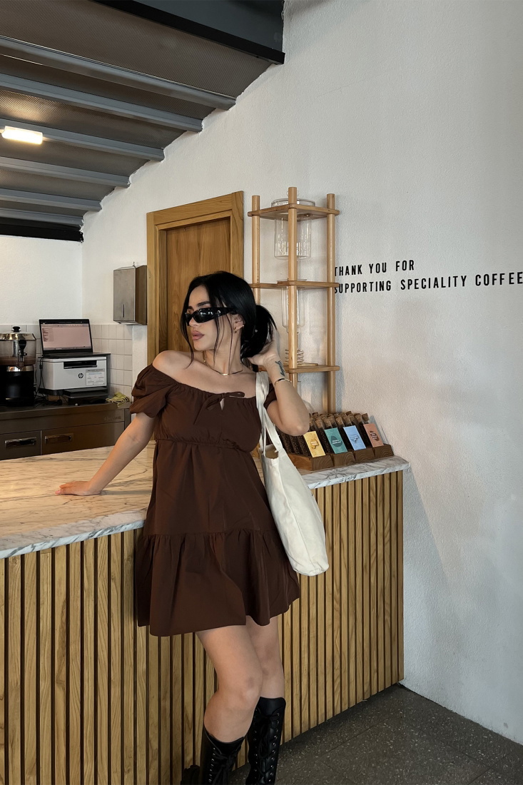 Kahverengi Önden Bağlamalı Mini Elbise ATE4820 - EYYO