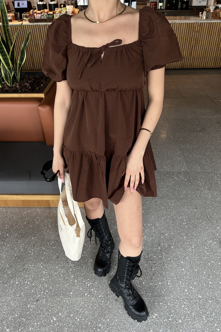 Kahverengi Önden Bağlamalı Mini Elbise ATE4820 - EYYO