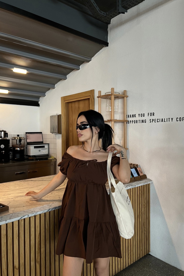 Kahverengi Önden Bağlamalı Mini Elbise ATE4820 - 5