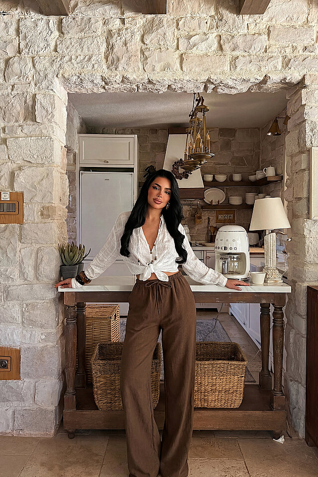 Kahverengi Önden Bağlamalı Pantolon ATE-5162 - 1