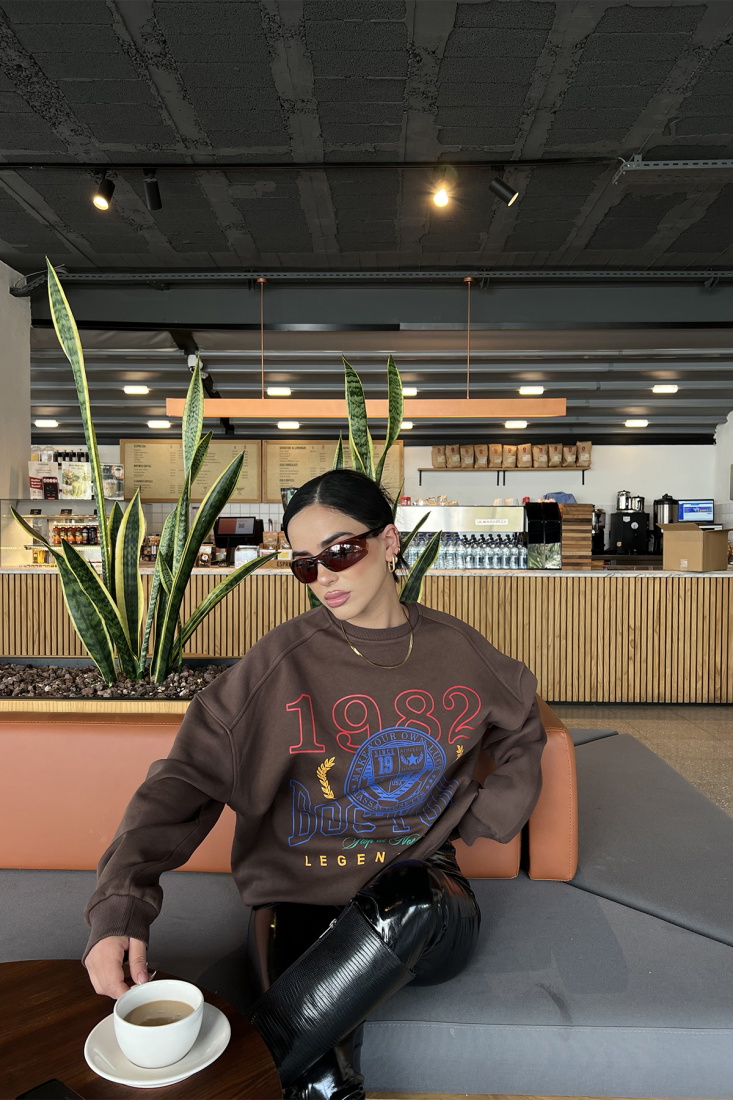 Kahverengi Önü Baskılı Oversize Sweat ATE2557 - EYYO