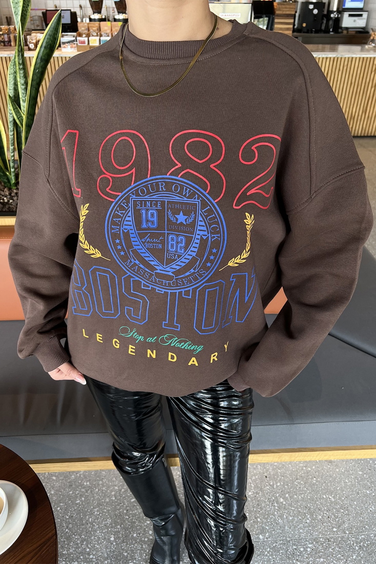 Kahverengi Önü Baskılı Oversize Sweat ATE2557 - EYYO