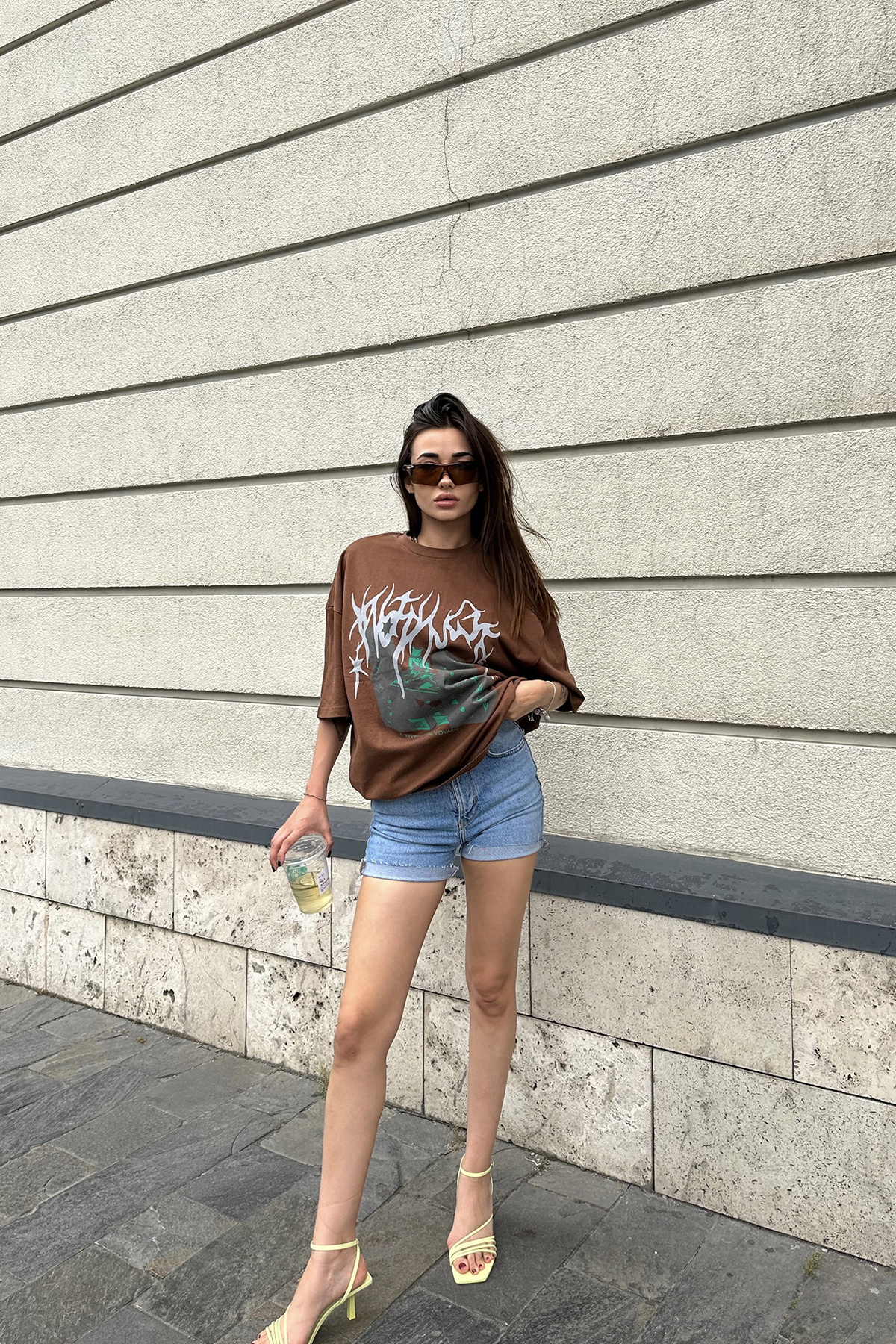 Kahverengi Önü Baskılı Oversize Tişört ATE7291 - 4