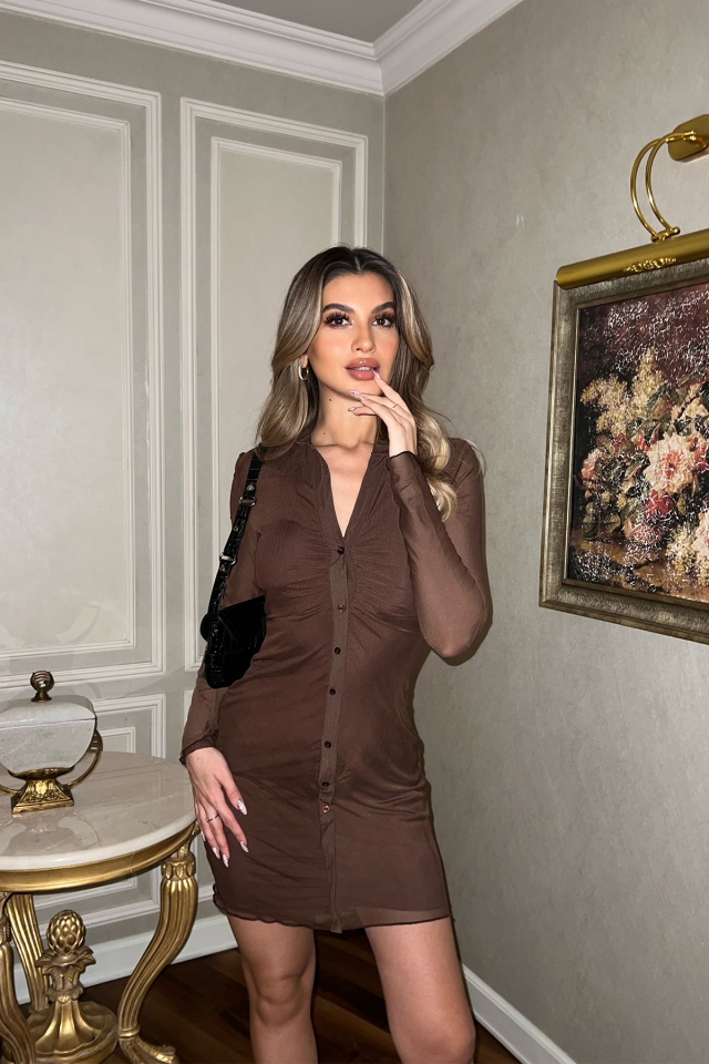 Kahverengi Önü Düğmeli Gömlek Yaka Elbise ATE4040 - 8