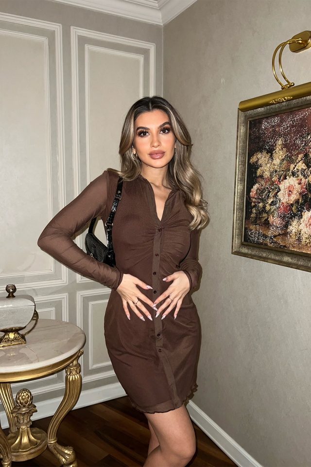 Kahverengi Önü Düğmeli Gömlek Yaka Elbise ATE4040 - 9