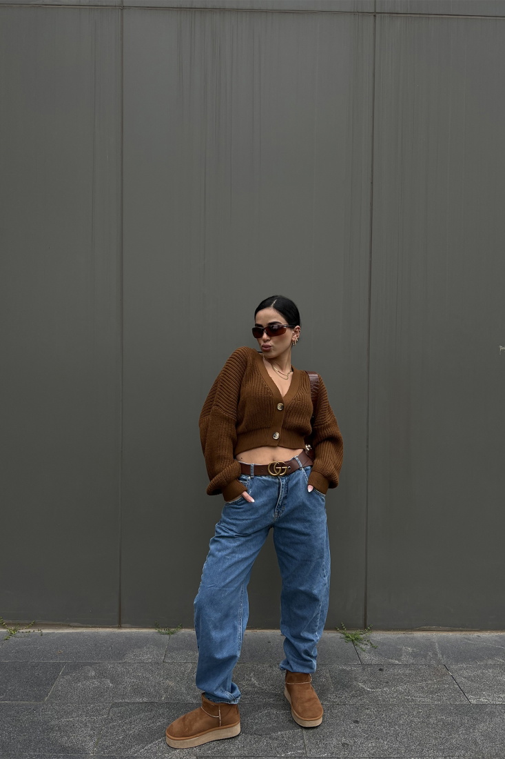 Kahverengi Önü Düğmeli Triko Hırka ATE2630 - EYYO